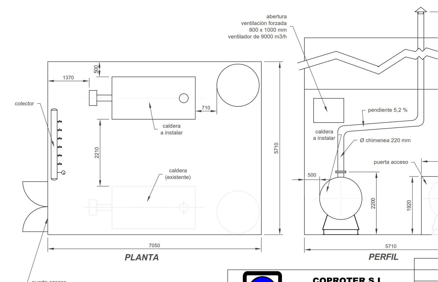 Plano de planta y perfil de una sala de calderas dibujado por Coproter, con la caldera, la chimenea y las cotas