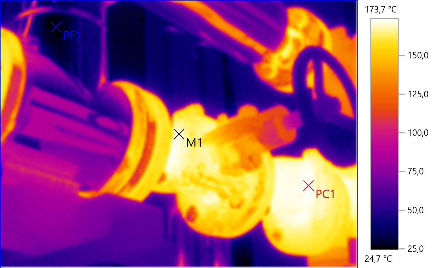 Imagen termográfica de una válvula de una instalación de vapor, con temperaturas de hasta 173 ºC